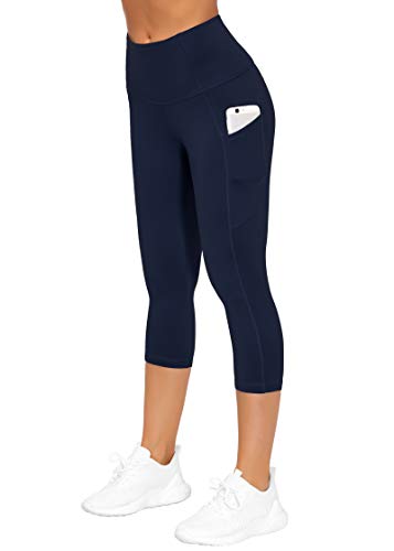 THE GYM PEOPLE Thick High Waist Yoga Pants with Pockets, Tummy Control Workout Running Yoga Leggings for Women (Large, Z-Capris Navy Blue)