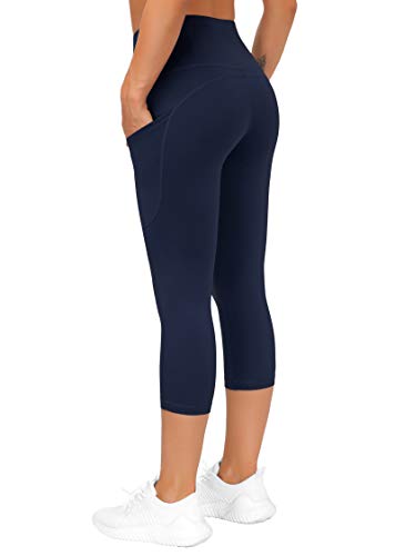 THE GYM PEOPLE Thick High Waist Yoga Pants with Pockets, Tummy Control Workout Running Yoga Leggings for Women (Large, Z-Capris Navy Blue)